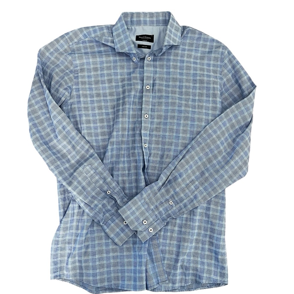 Men's Light Blue Plaid Casual Shirt 15.75 40